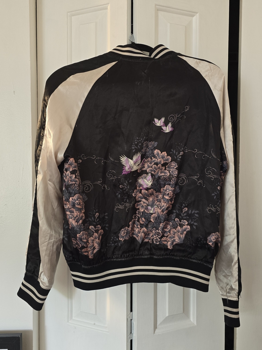 Forever 21 Black and Cream Floral Embroidered Varsity Jacket
